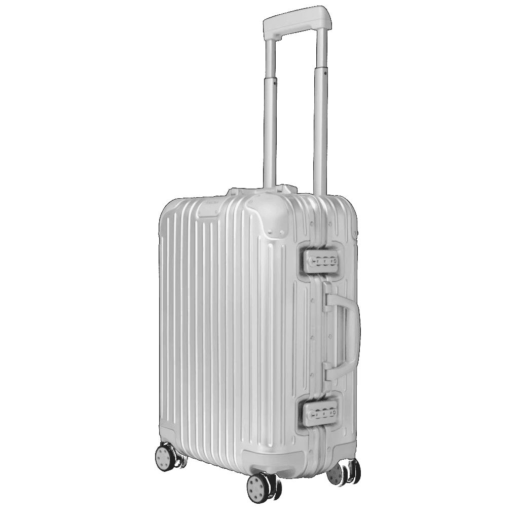 Silver aluminium cabin suitcase, three-quarter view, with every sponsor decal applied