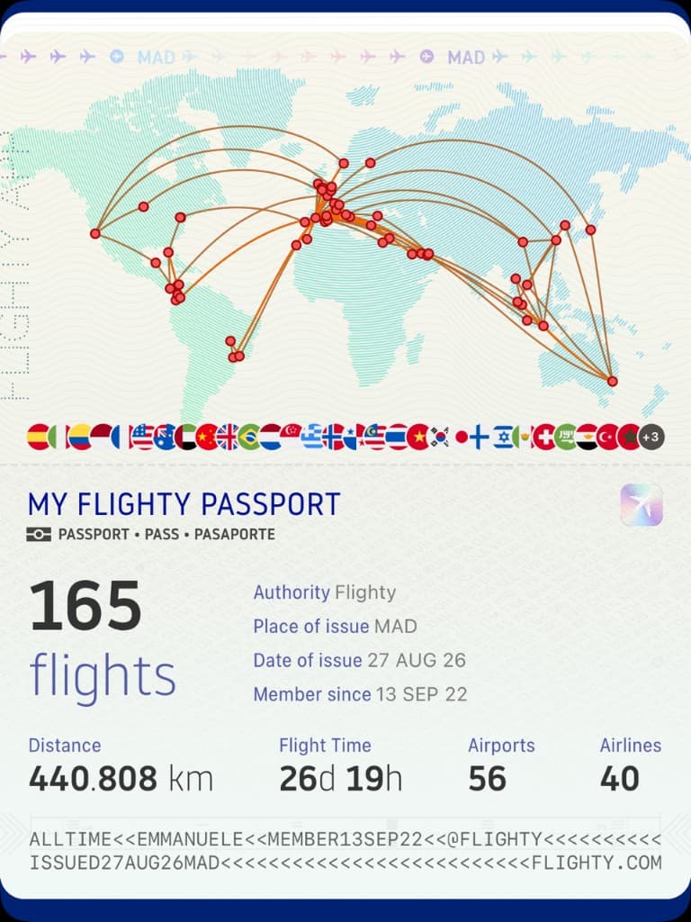 Flighty passport issued 27 August 2026: a world map of routes from Madrid, 165 flights and 440,808 km since September 2022